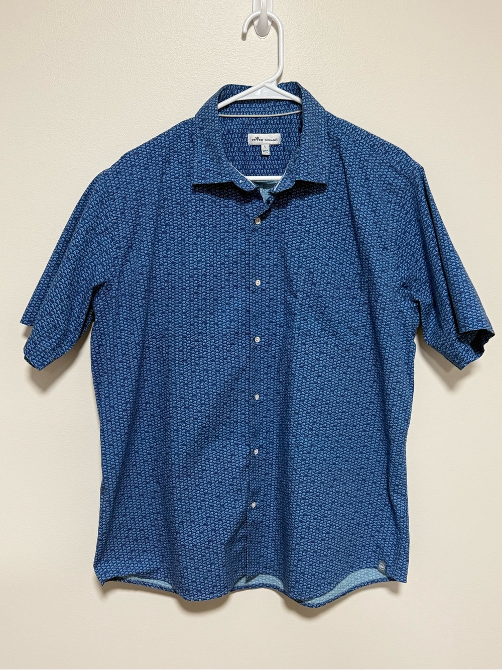 Peter Millar Men’s Blue Pattern Short Sleeve Button Down Shirt Large L